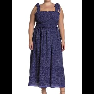 EUC Max Studio Blue Smocked Tie Shoulder Smocked Maxi Dress Large